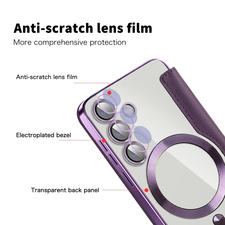 For Samsung Galaxy S24 5G Shield Magsafe RFID Anti-theft Rhombus Leather Phone Case(Purple)