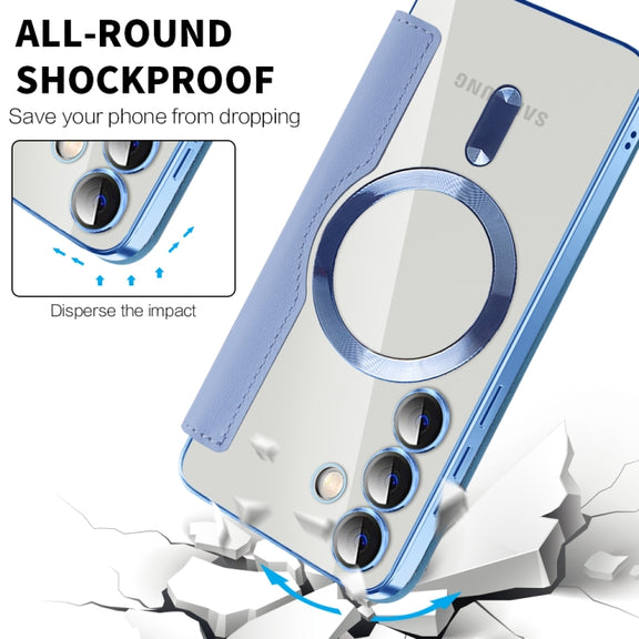 For Samsung Galaxy S24 5G Shield MagSafe RFID Anti-theft Rhombus Leather Phone Case(Blue)