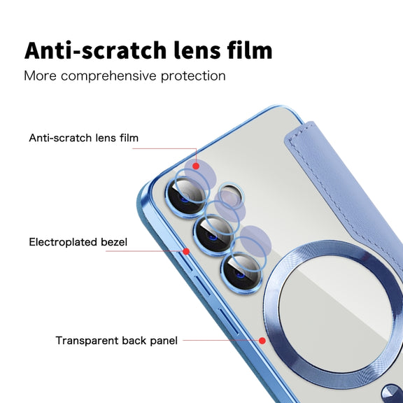 For Samsung Galaxy S24 5G Shield MagSafe RFID Anti-theft Rhombus Leather Phone Case(Blue)