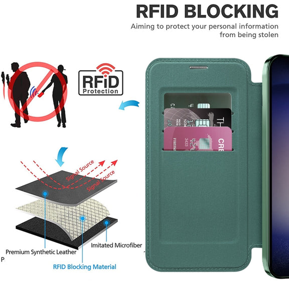 For Samsung Galaxy S24 5G Shield Magsafe RFID Anti-theft Rhombus Leather Phone Case(Green)