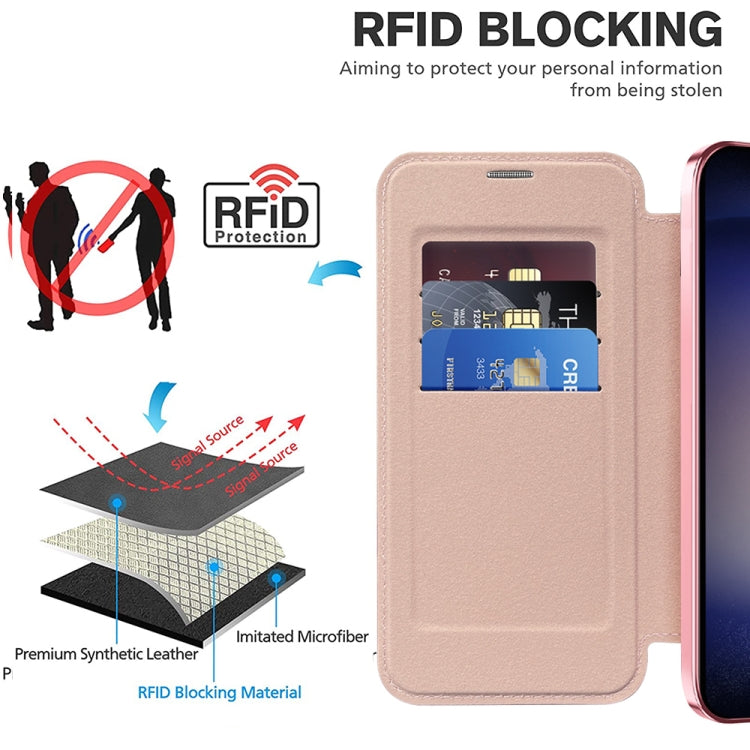 For Samsung Galaxy S24 5G Shield Magsafe RFID Anti-theft Rhombus Leather Phone Case(Pink)