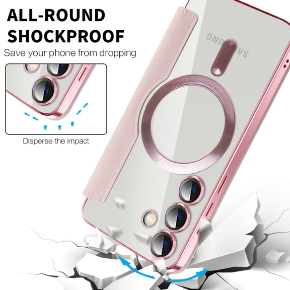 For Samsung Galaxy S24 5G Shield Magsafe RFID Anti-theft Rhombus Leather Phone Case(Pink)