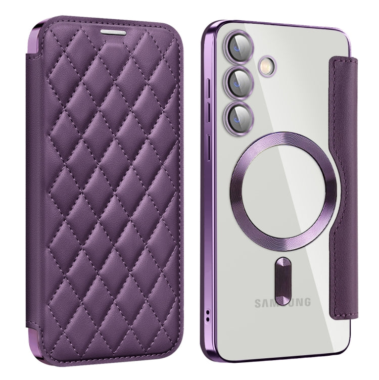 For Samsung Galaxy S24+ 5G Shield MagSafe RFID Anti-theft Rhombus Leather Phone Case(Purple)