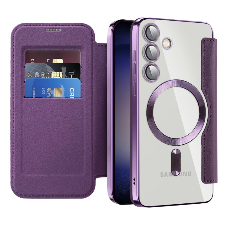 For Samsung Galaxy S24+ 5G Shield MagSafe RFID Anti-theft Rhombus Leather Phone Case(Purple)
