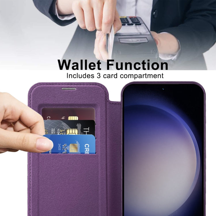 For Samsung Galaxy S24+ 5G Shield MagSafe RFID Anti-theft Rhombus Leather Phone Case(Purple)