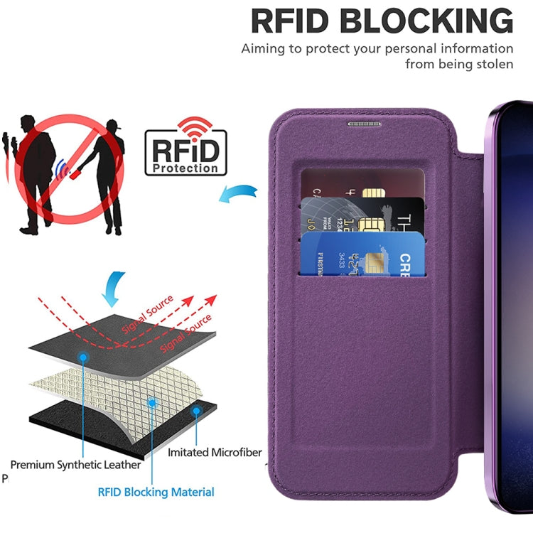 For Samsung Galaxy S24+ 5G Shield MagSafe RFID Anti-theft Rhombus Leather Phone Case(Purple)