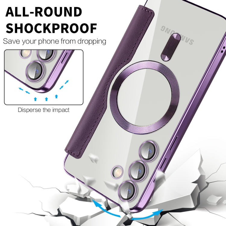 For Samsung Galaxy S24+ 5G Shield MagSafe RFID Anti-theft Rhombus Leather Phone Case(Purple)