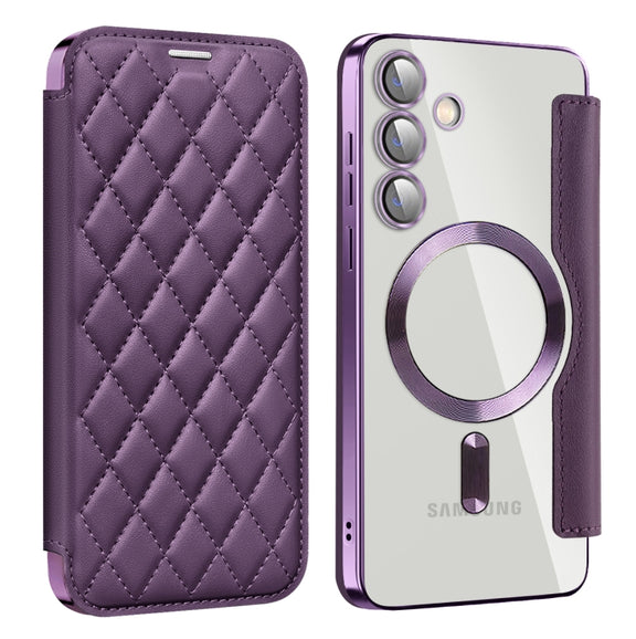 For Samsung Galaxy S24+ 5G Shield MagSafe RFID Anti-theft Rhombus Leather Phone Case(Purple)