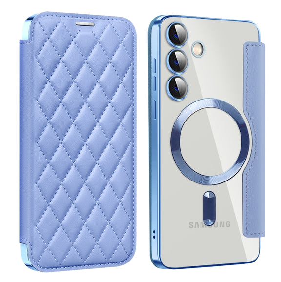 For Samsung Galaxy S24+ 5G Shield MagSafe RFID Anti-theft Rhombus Leather Phone Case(Blue)
