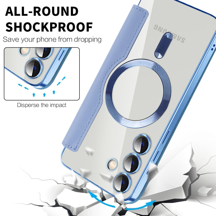 For Samsung Galaxy S24+ 5G Shield MagSafe RFID Anti-theft Rhombus Leather Phone Case(Blue)
