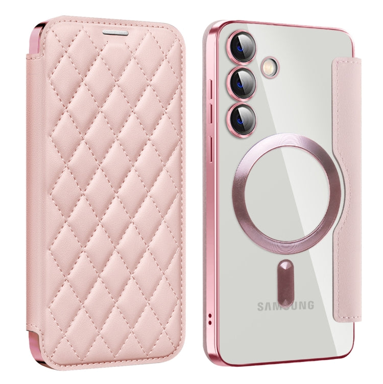 For Samsung Galaxy S24+ 5G Shield MagSafe RFID Anti-theft Rhombus Leather Phone Case(Pink)