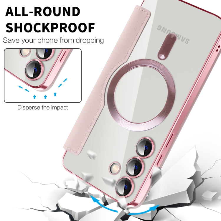 For Samsung Galaxy S24+ 5G Shield MagSafe RFID Anti-theft Rhombus Leather Phone Case(Pink)