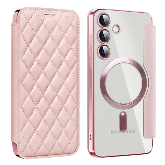 For Samsung Galaxy S24+ 5G Shield MagSafe RFID Anti-theft Rhombus Leather Phone Case(Pink)