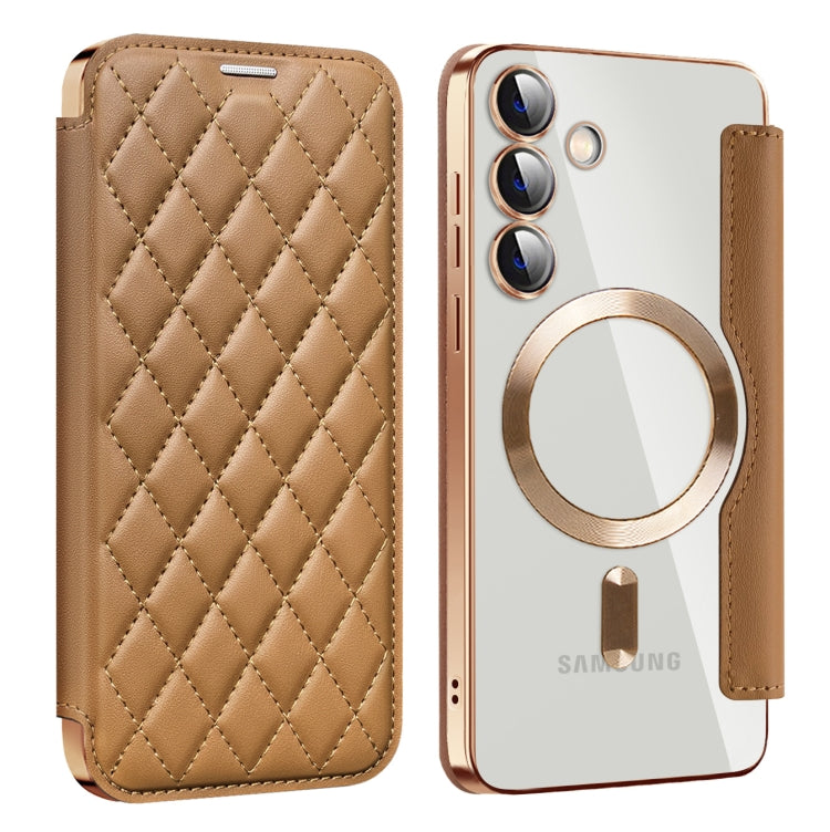 For Samsung Galaxy S24+ 5G Shield Magsafe RFID Anti-theft Rhombus Leather Phone Case(Brown)