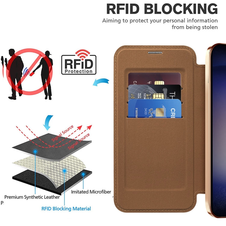 For Samsung Galaxy S24+ 5G Shield Magsafe RFID Anti-theft Rhombus Leather Phone Case(Brown)