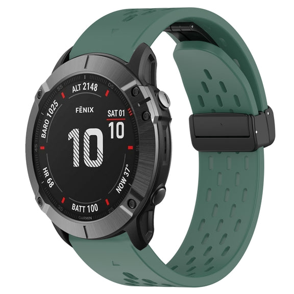 Compatible with Garmin Fenix 6X Pro 26mm Folding Buckle Hole Silicone Watch Band(Dark Green)