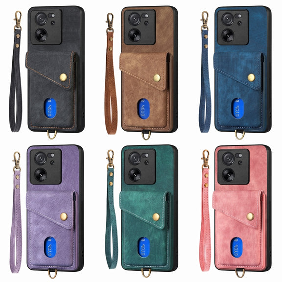 For Xiaomi Redmi Note 13 Pro+ Retro Card Wallet Fold Leather Phone Case with Strap(Green)