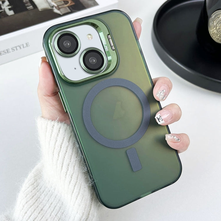 For iPhone 14 Plus Lens Holder MagSafe PC Hybrid TPU Phone Case(Green)