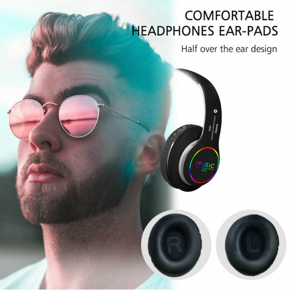 VJ033 Multi-function Upgrade Bluetooth 5.0 Headset Stereo Wireless LED Microphone FM Radio Headset(Blue)