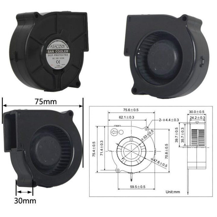 ASIACOOL Silent Turbo Blower Fan, Specification:7530 12V