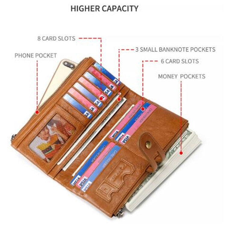Ladies Genuine Leather Long Wallet Anti-theft Card Bag Multifunctional Clutch Bag(Brown)