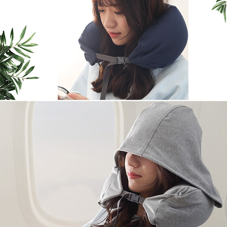 Portable Airplane Travel U-shaped Hooded Pillow Nap Time Neck Pillow(Navy Blue)