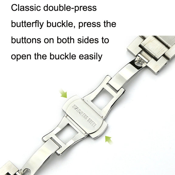 24mm Steel Bracelet Butterfly Buckle Five Beads Unisex Stainless Steel Solid Watch Strap, Color:Intermediate Gold
