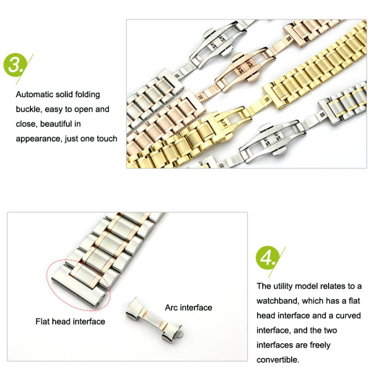 21mm Steel Bracelet Butterfly Buckle Five Beads Unisex Stainless Steel Solid Watch Strap, Color:Silver