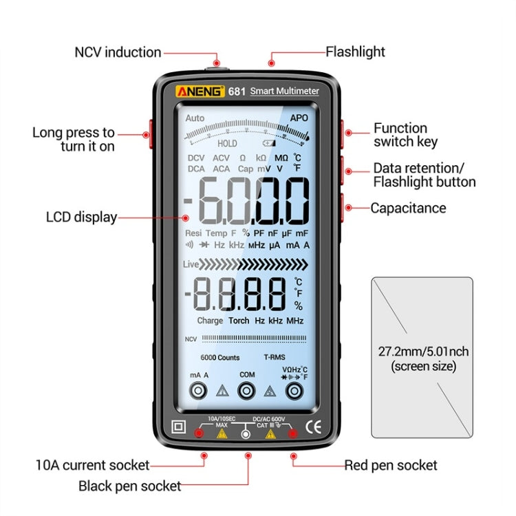 ANENG 681 LCD Digital Display Screen Smart Automatic Range Rechargeable Multimeter(Red)