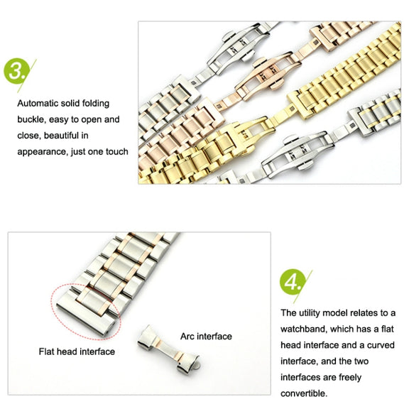 20mm Steel Bracelet Butterfly Buckle Five Beads Unisex Stainless Steel Solid Watch Strap, Color:Silver