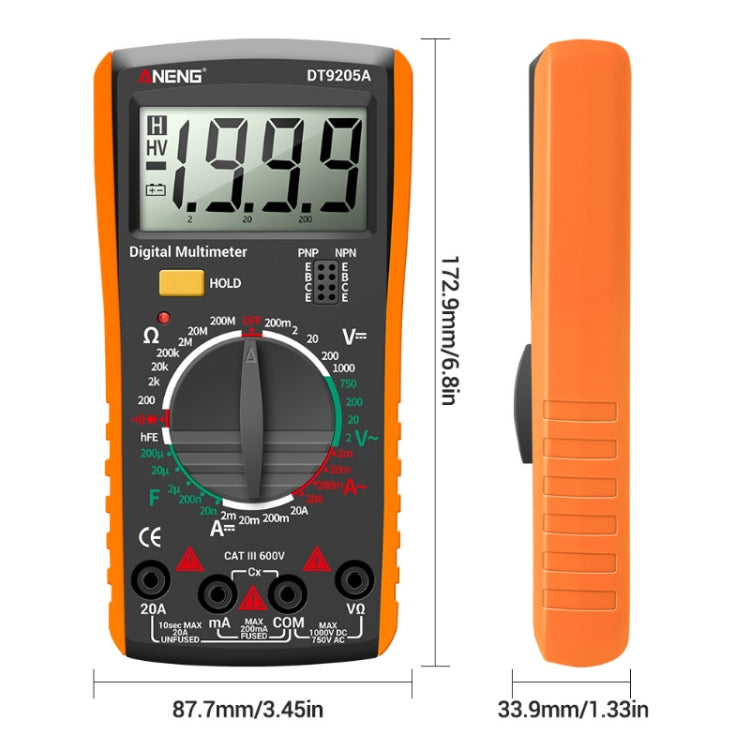 ANENG Automatic High-Precision Intelligent Digital Multimeter, Model:DT9205A HOLD Key(Orange)