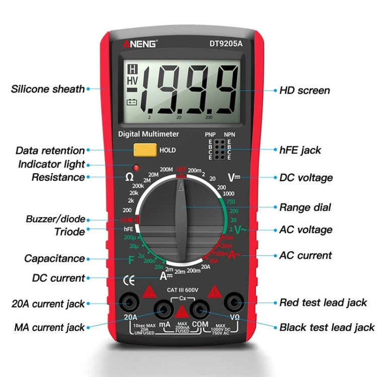 ANENG Automatic High-Precision Intelligent Digital Multimeter, Model:DT9205A HOLD Key(Orange)