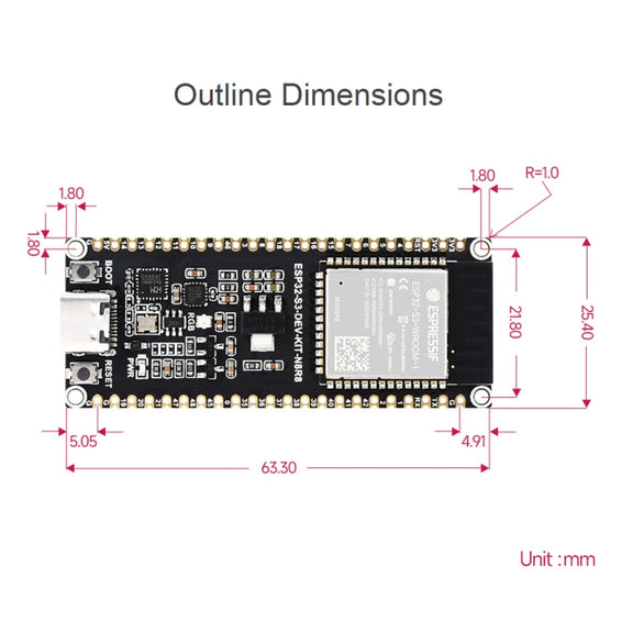 Waveshare ESP32-S3 Microcontroller 2.4GHz Wi-Fi Development Board ESP32-S3-WROOM-1-N8R8 Module Standard Ver. With Pinheader