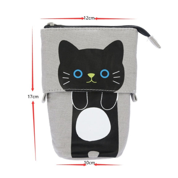 Corduroy Retractable Drop-Down Pencil Case Student Stationery Storage Bag(White Cat)