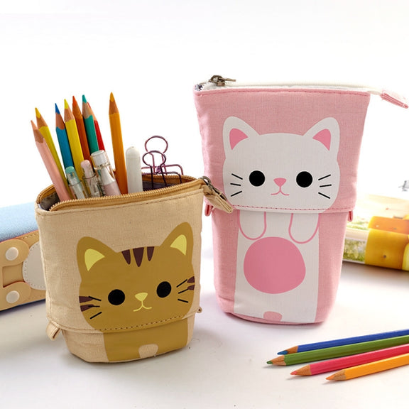 Corduroy Retractable Drop-Down Pencil Case Student Stationery Storage Bag(White Cat)