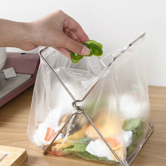 Stainless Steel Kitchen Foldable Storage Rack Plastic Bag Towel Trash Can Holder