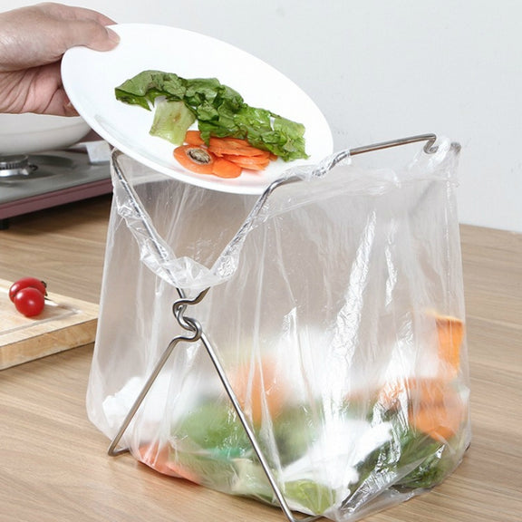 Stainless Steel Kitchen Foldable Storage Rack Plastic Bag Towel Trash Can Holder