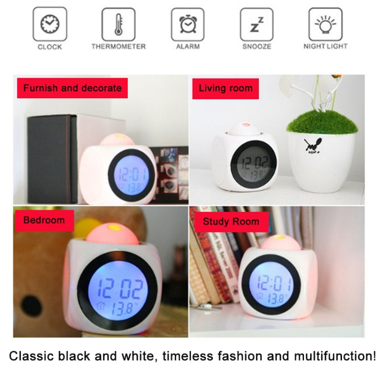 Multi-function LED Projection Alarm Clock Voice Talking Clock, Specification:White without USB cable
