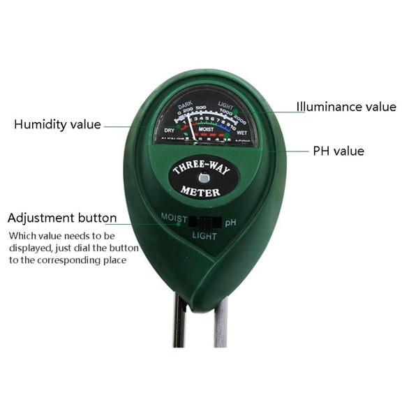 3 In 1 Soil Detector PH Value Light Intensity Test Pen Round Head Soil Dry Moisture Meter