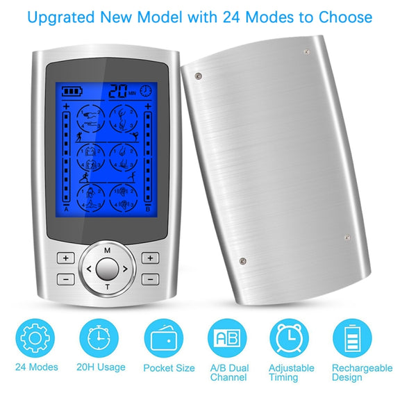 24-Mode Digital Electronic Pulse Massager Intelligent Whole Body Physical Therapy Meridian Massager, Specification: UK Plug( Silver)