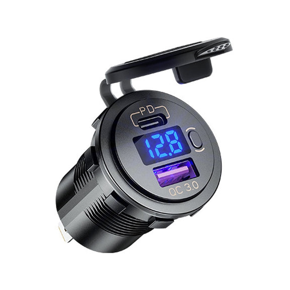 12V Modified Car USB Charger With Voltage Display PD QC3.0 Socket(With Terminal Red Light)