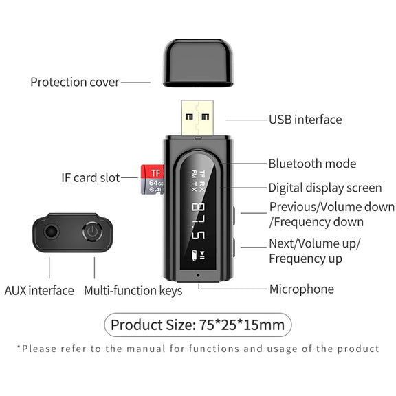 K9 USB Car Bluetooth 5.0 Adapter Receiver FM + AUX Audio Dual Output Stereo Transmitter (Black)