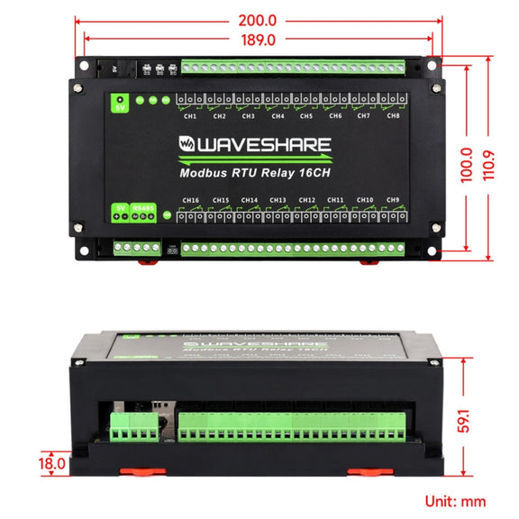 Waveshare 24921 Modbus RTU 16-Ch Relay Module, RS485 Interface, With Multiple Isolation Protection Circuits