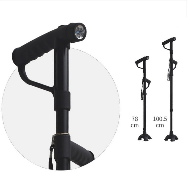 Multifunctional Folding Double-Handle Elderly Crutches Aluminum Alloy Elderly Power-Assisted Walking Sticks Four-Legged Walking Sticks With Lights, Length: 86-98cm(Black)