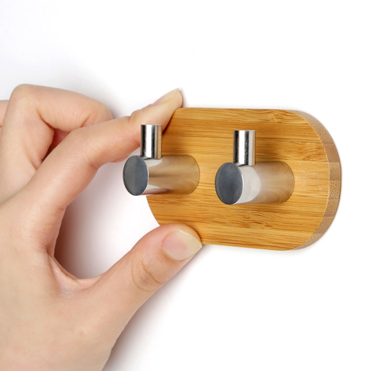 2 PCS Stainless Steel Bamboo Double Row Hook Kitchen Bathroom Door Adhesive Solid Wood Hook(Double Hook)