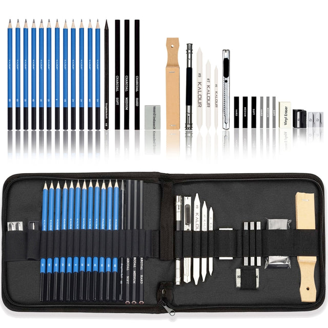 KALOUR 33 in 1 Sketch Pencil Set Beginner Brush Art Supplies(Black)
