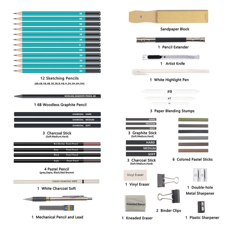 50 in 1 Sketch Pencil Tool Set High-Gloss Metal Pen Carbon Pen Painting Art Set(Black)