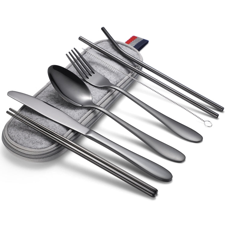 7 in 1 Cutlery Spoon Chopsticks And Straw Set Stainless Steel Portable Cutlery Set, Specification: Black+ Light Bag