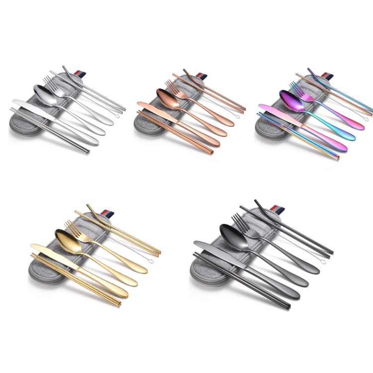 7 in 1 Cutlery Spoon Chopsticks And Straw Set Stainless Steel Portable Cutlery Set, Specification: Black+ Light Bag