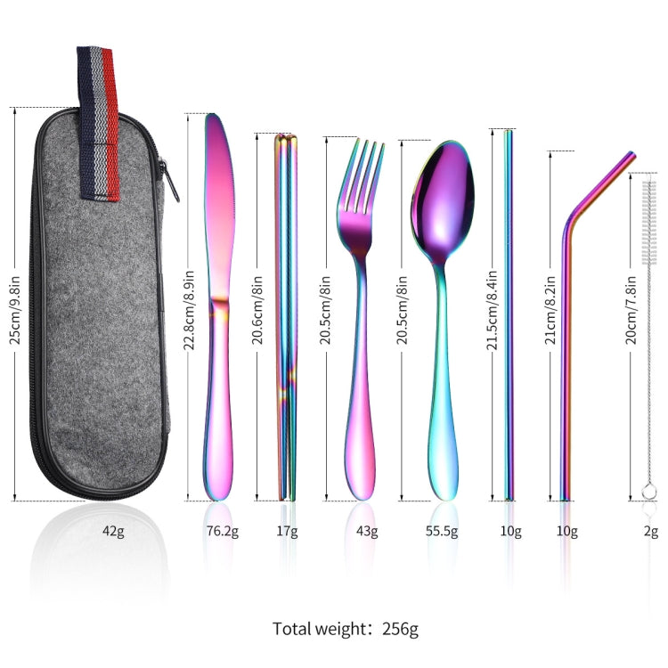 7 in 1 Cutlery Spoon Chopsticks And Straw Set Stainless Steel Portable Cutlery Set, Specification: Black+ Light Bag